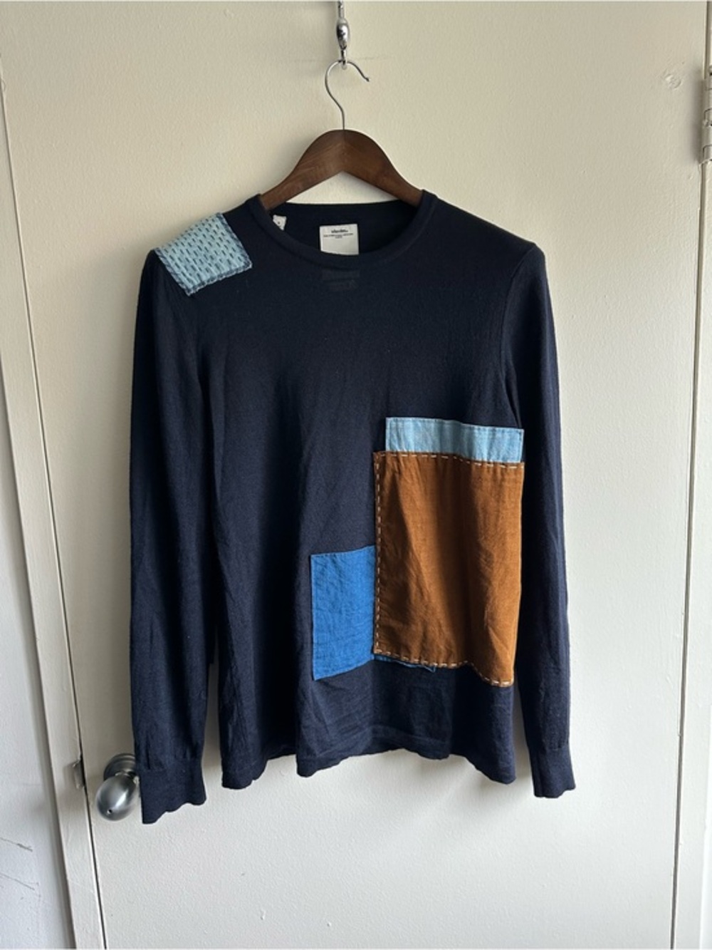 Visvim Mixed Media Wool/Cashmere/Silk Navy Patchwork Crewneck